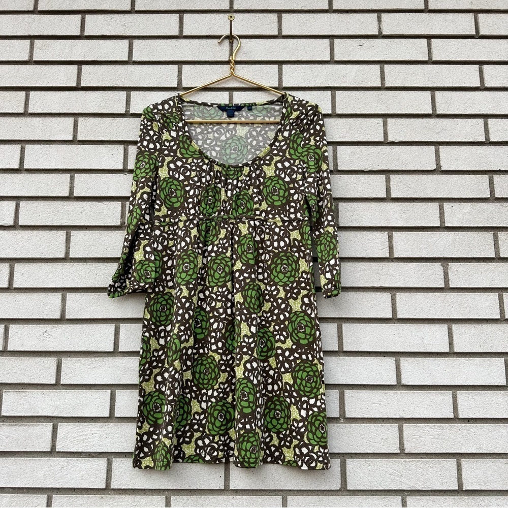 Boden Green White Floral Print Silk Cotton Jersey Scoop Neck 3/4 Sleeve Dress 10